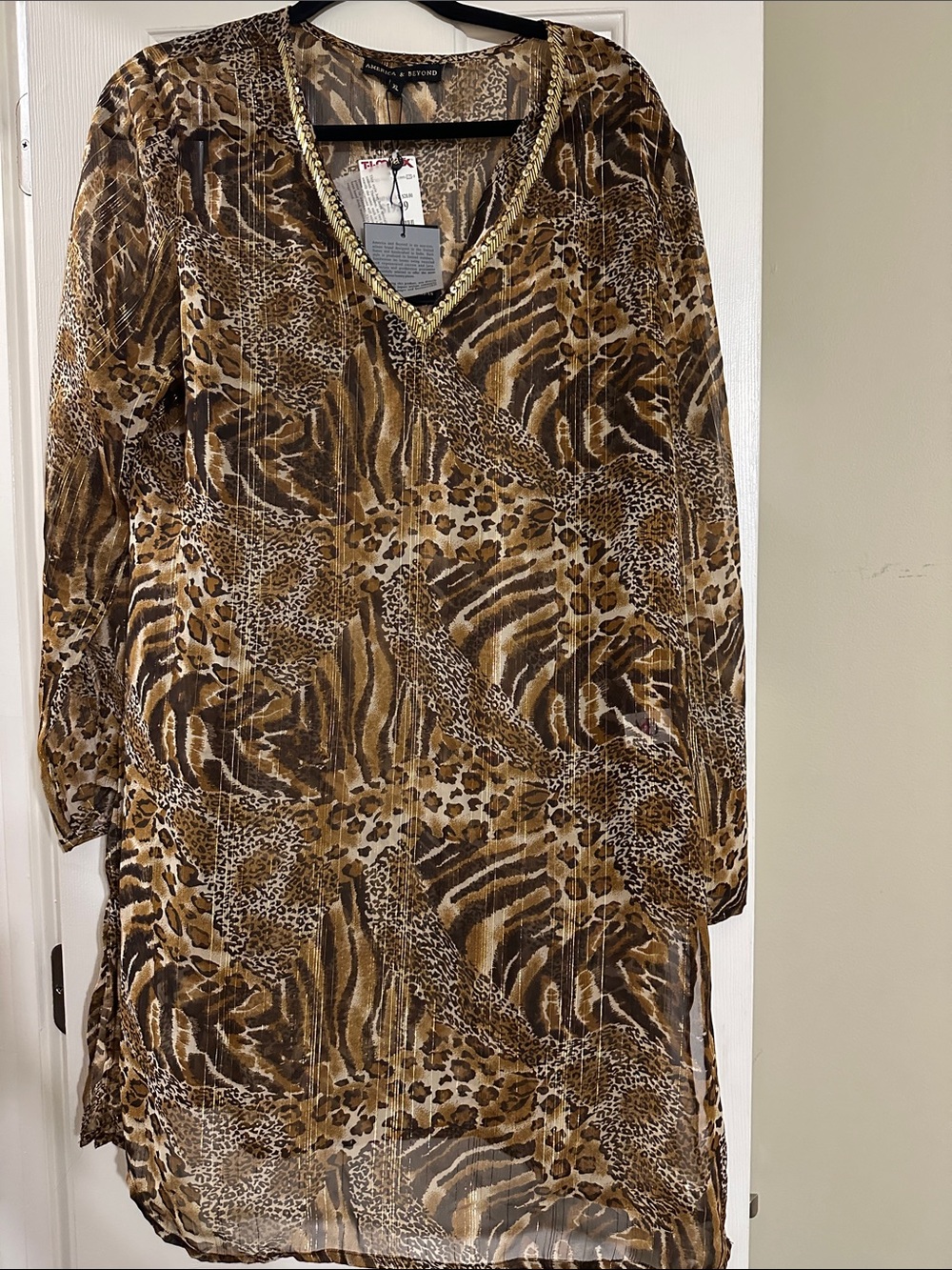 Alfani Brown Animal-Print Long-Sleeve V-Neck Tunic Dress with Gold Trim